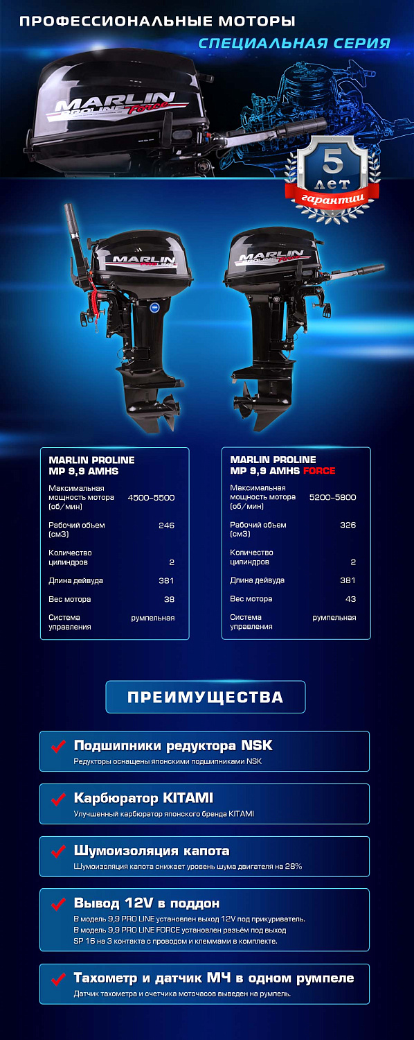 Лодочный мотор MARLIN PROLINE MP 9.9 (20) AMHS FORCE в Новосибирске
